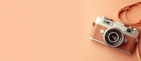 A camera with a strap on a pink background created with technology photo