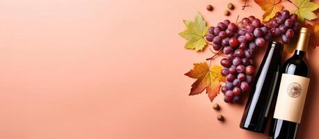 A bottle of wine and a bunch of grapes on a pink background created with technology photo