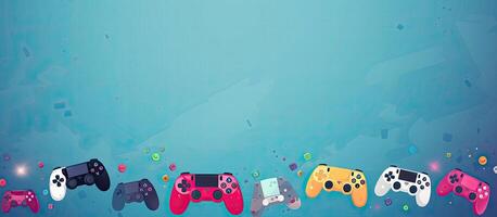 A row of video game controllers on a blue background created with Generative AI technology photo