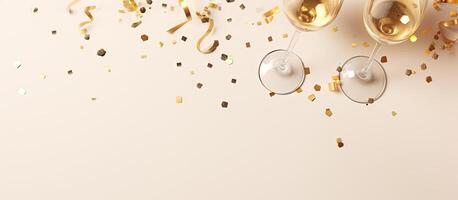 Two glasses of champagne with confetti and streamers created with technology photo