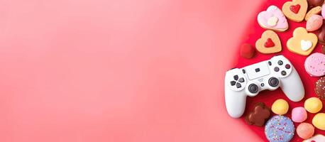 A game controller surrounded by heart shaped cookies created with technology photo