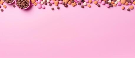 A pink background with a bowl of dog treats created with Generative AI technology photo