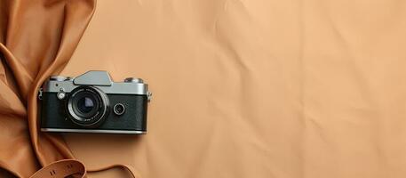un cámara sentado en parte superior de un marrón paño creado con generativo ai tecnología foto