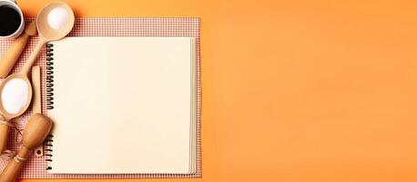 A notepad, measuring spoons and a cup of coffee on a checkered created with technology photo