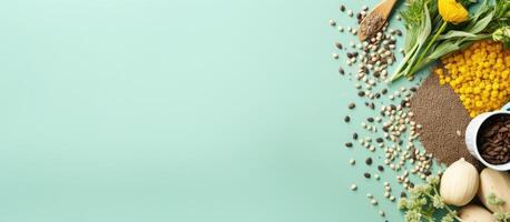 A variety of vegetables and grains on a blue background created with technology photo