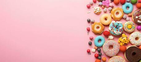 A pink background with donuts and sprinkles created with Generative AI technology photo