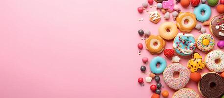 A pink background with donuts and sprinkles created with technology photo