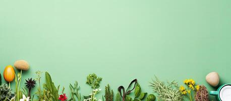 A green background with various plants and eggs created with technology photo