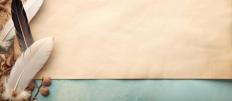 A piece of parchment paper with feathers on it created with technology photo