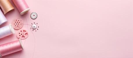 A pink background with spools of thread and sewing supplies created with technology photo