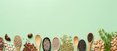 A row of spoons filled with different types of seeds created with Generative AI technology photo