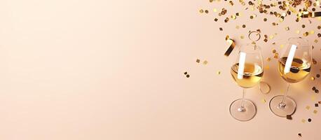 Two glasses of champagne with confetti and streamers created with technology photo