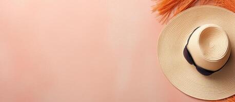 A hat and a feather on a pink background created with technology photo