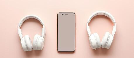 A phone and headphones on a pink surface created with Generative AI technology photo