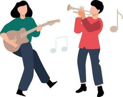 The girl is playing the guitar and the boy is playing the trumpet. vector
