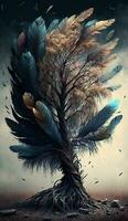 Abstract background with tree and feather, AI Generated photo
