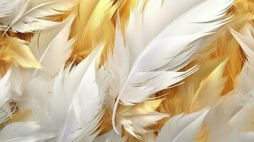 Close up gold and white feathers background, AI Generated photo