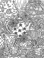 Christmas Tea Set Coloring Page for Adults vector