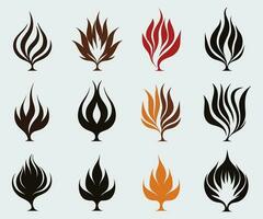 various designs of fire, in the style of minimalistic Japanese, leaf patterns, gender-bending iconography, logo vector