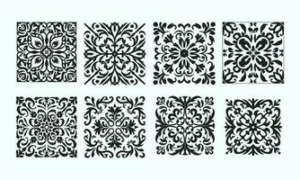 the pattern includes many ornamental designs in black and white, in the style of stencil-based, symmetrical arrangement, italianate flair, biblical motifs, bold stencil, stencil art, simple shapes vector