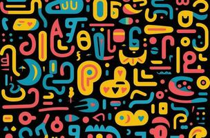 modern style pattern of colored fonts on a black background, in the style of organic shapes and curved lines, happy expressionism, pop-inspired lines, geometric shape vector