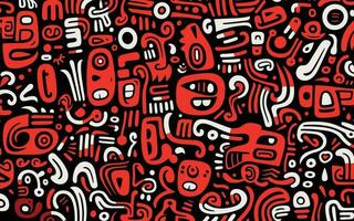 large white and red abstract pattern, in the style of cartoon-like figures, black background, mesoamerican influences, squiggly line style, simplistic characters, graffiti-like lettering vector