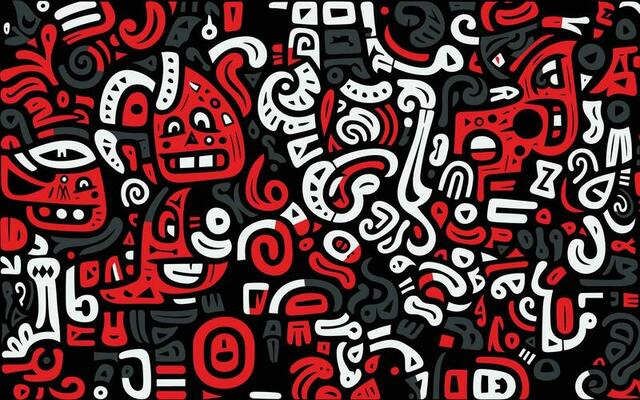large white and red abstract pattern, in the style of cartoon-like figures, black background, mesoamerican influences, squiggly line style, simplistic characters, graffiti-like lettering