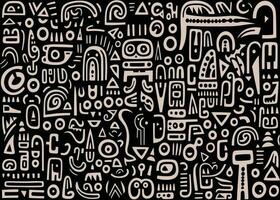 abstract pattern in black and white with various shapes and symbols, in the style of afro-colombian themes, freeform minimalism, texture-rich, expansive vector