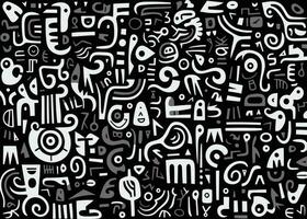 abstract pattern in black and white with various shapes and symbols, in the style of afro-colombian themes, freeform minimalism, texture-rich, expansive vector