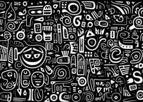 abstract pattern in black and white with various shapes and symbols, in the style of afro-colombian themes, freeform minimalism, texture-rich, expansive vector