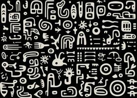 abstract pattern in black and white with various shapes and symbols, in the style of afro-colombian themes, freeform minimalism, texture-rich, expansive vector