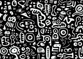 abstract pattern in black and white with various shapes and symbols, in the style of afro-colombian themes, freeform minimalism, texture-rich, expansive vector