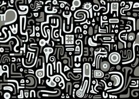 abstract pattern in black and white with various shapes and symbols, in the style of afro-colombian themes, freeform minimalism, texture-rich, expansive vector