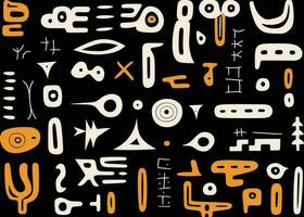 abstract pattern in black and white with various shapes and symbols, in the style of afro-colombian themes, freeform minimalism, texture-rich, expansive vector