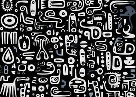 abstract pattern in black and white with various shapes and symbols, in the style of afro-colombian themes, freeform minimalism, texture-rich, expansive vector