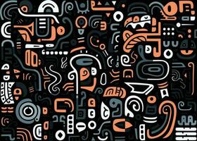 abstract pattern in black and white with various shapes and symbols, in the style of afro-colombian themes, freeform minimalism, texture-rich, expansive vector