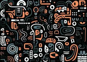 abstract pattern in black and white with various shapes and symbols, in the style of afro-colombian themes, freeform minimalism, texture-rich, expansive vector