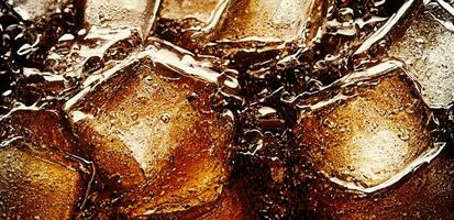 Cola with Ice. Close up of the ice cubes in cola water. Texture of carbonate drink with bubbles in glass. Cola soda and ice splashing fizzing or floating up to top of surface. Cold drink background. photo