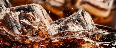 Splashing of Cola and Ice. Cola soda and ice splashing fizzing or floating up to top of surface. Close up of ice in cola water. Texture of carbonate drink with bubbles in glass. Cold drink background photo