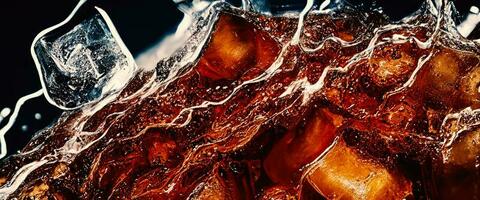 Cola with Ice. Close up of the ice cubes in cola water. Texture of carbonate drink with bubbles in glass. Cola soda and ice splashing fizzing or floating up to top of surface. Cold drink background. photo