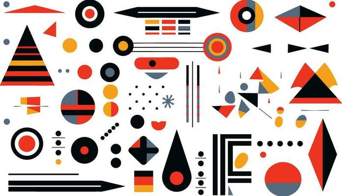 vector abstract geometric icons, geometric shapes, in the style of pop art graphic style, detailed background elements, memphis design, precise and sharp, raw texture, elongated shapes, thick texture