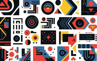 vector abstract geometric icons, geometric shapes, in the style of pop art graphic style, detailed background elements, memphis design, precise and sharp, raw texture, elongated shapes, thick texture