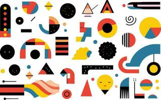 vector abstract geometric icons, geometric shapes, in the style of pop art graphic style, detailed background elements, memphis design, precise and sharp, raw texture, elongated shapes, thick texture