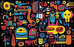 drawing with colorful shapes on black, in the style of playful cartoon illustrations, bold texture, animals and people, illustration, foampunk vector