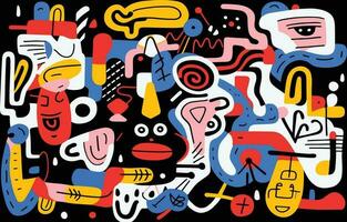 illustration with various colorful objects of different shapes, in the style of bold abstract forms, playful line drawings, colorfully abstracted faces, figura serpentinata, abstract minimalism vector