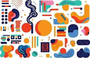 colourful abstract geometric shapes, in the style of bold graphic patterns, robotic motifs, bauhaus-inspired designs, white background, precisionist lines and shapes, memphis design, bold and vibrant vector