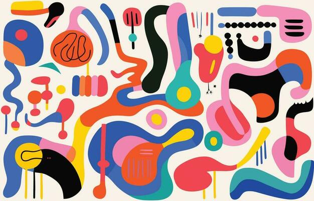 illustration with various colorful objects of different shapes, in the style of bold abstract forms, playful line drawings, colorfully abstracted faces, figura serpentinata, abstract minimalism