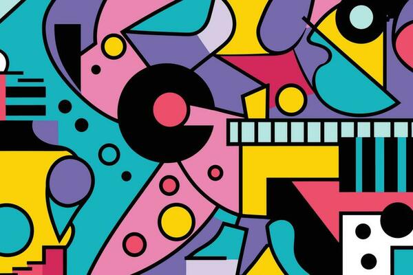 colorful geometric shapes in different colors, in the style of whimsical figures, geometric shapes patterns, memphis design, curvilinear shapes, abstract non-representational shapes, bold outlines