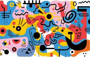 illustration with various colorful objects of different shapes, in the style of bold abstract forms, playful line drawings, colorfully abstracted faces, figura serpentinata, abstract minimalism vector