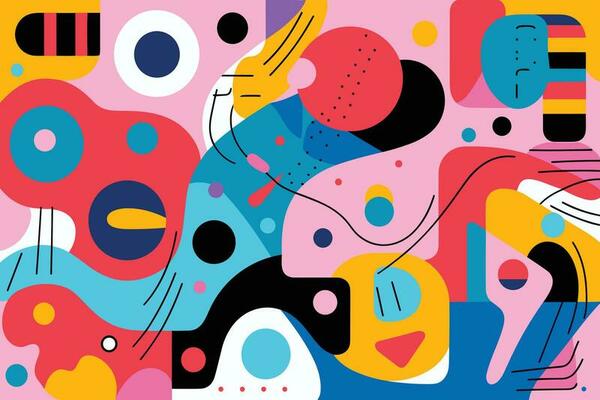 colorful geometric shapes in different colors, in the style of whimsical figures, geometric shapes patterns, memphis design, curvilinear shapes, abstract non-representational shapes, bold outlines